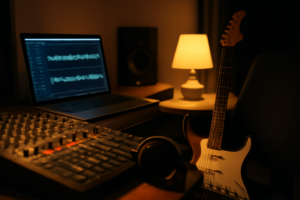 Ruang mixing sederhana dengan konsol audio, laptop, dan gitar listrik untuk produksi lagu band indie