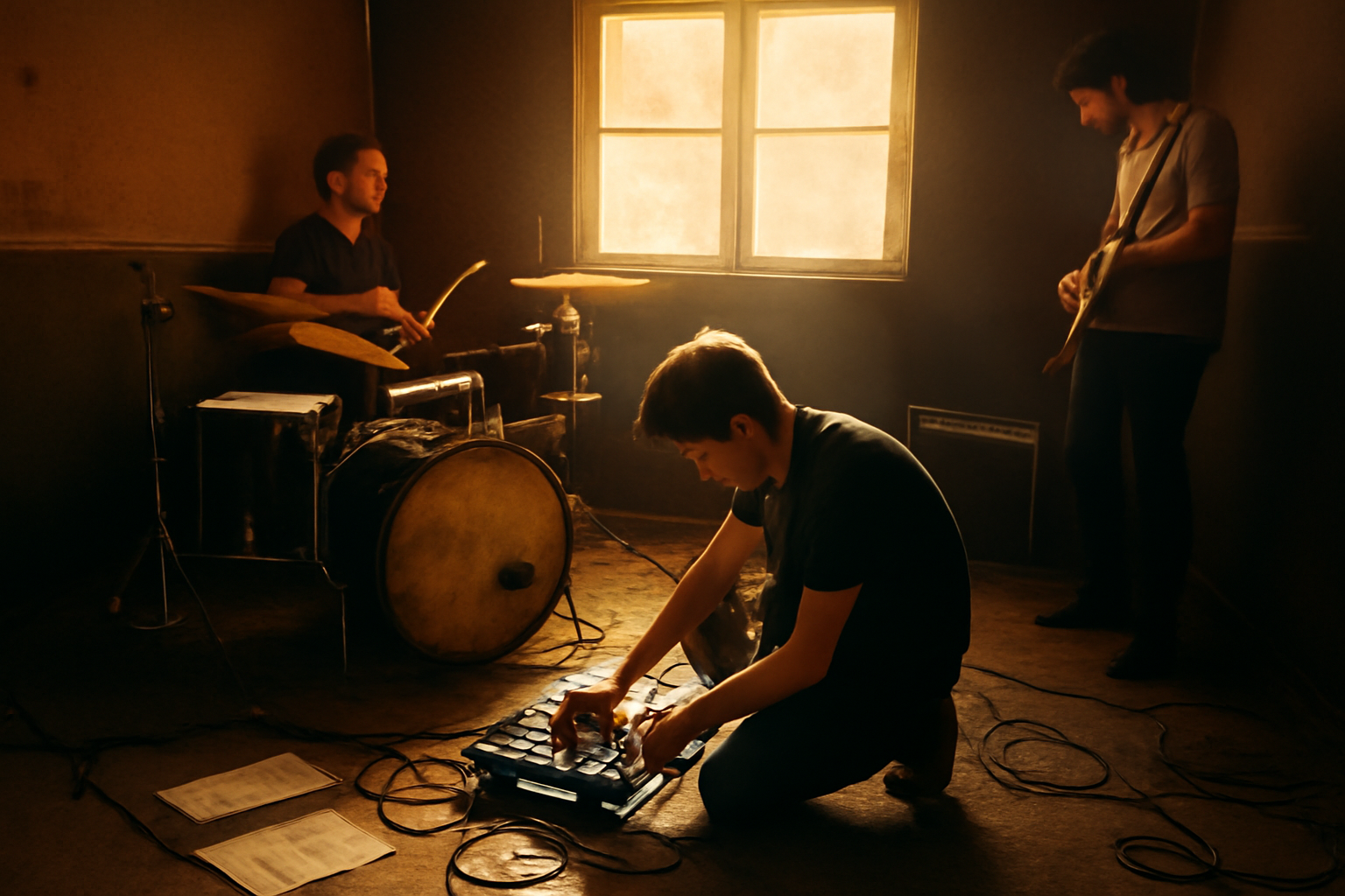 Band indie sedang latihan bersama di ruang sewa dengan setlist dan kabel di lantai