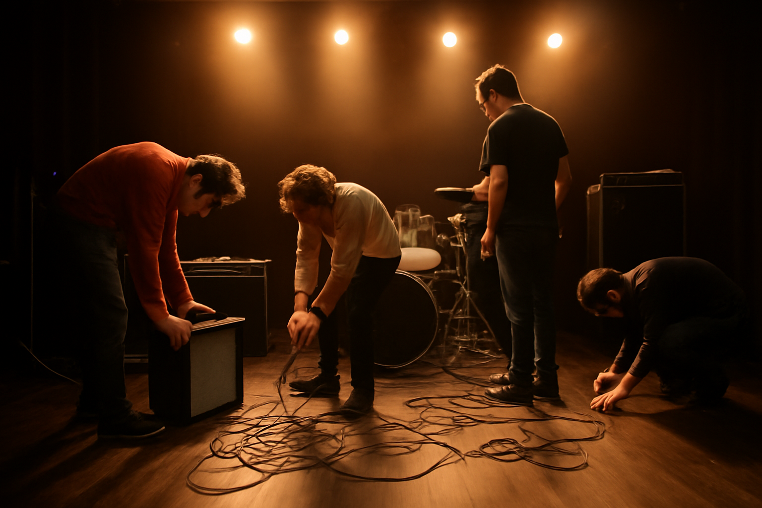 Anggota band indie menata kabel dan amplifier di panggung sebelum soundcheck